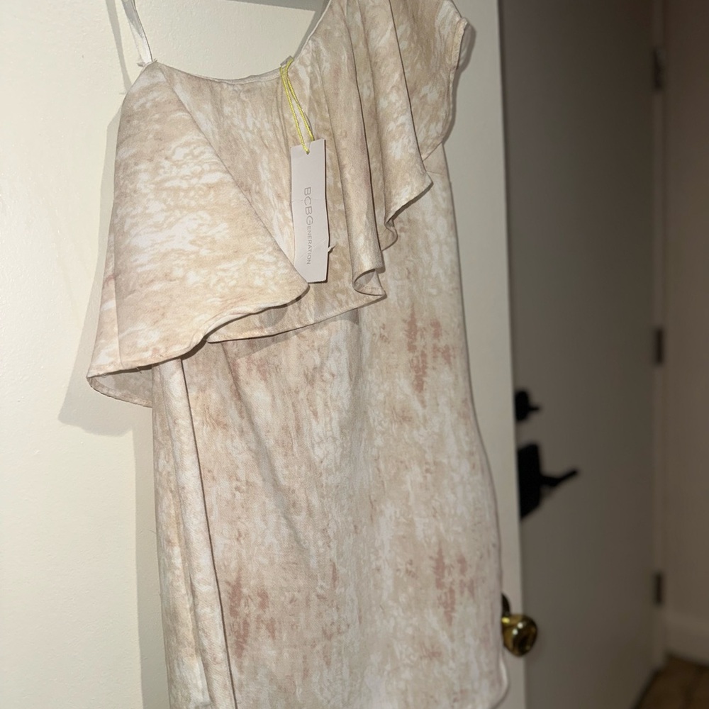 BCBG Pink and Gold Asymmetrical One-Shoulder Sundress